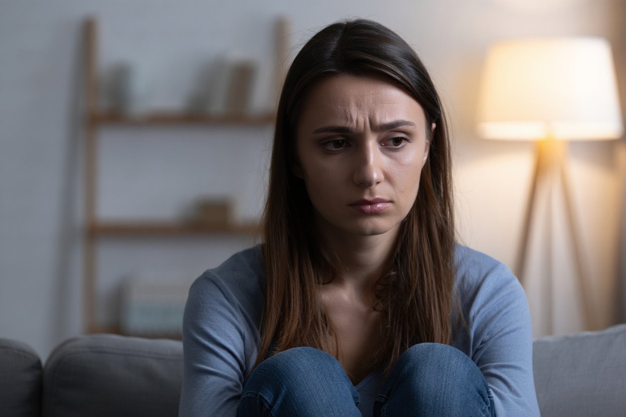 Тревожная девушка смотрит в пол